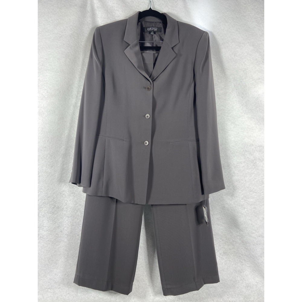 Kasper 2PC Pant Suit Women's 12 Gray Blazer Buttons Long Sleeve Fieldstone New - Picture 1 of 14